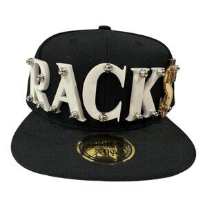 Paislee NYC Hat Cap Snap Back Black Racks Gold Dollar Sign 3D Letters Mens